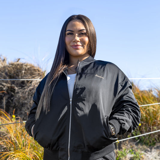 KAITIAKI BOMBER JACKET - BLACK SATIN