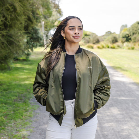 KAITIAKI BOMBER JACKET - GREEN SATIN