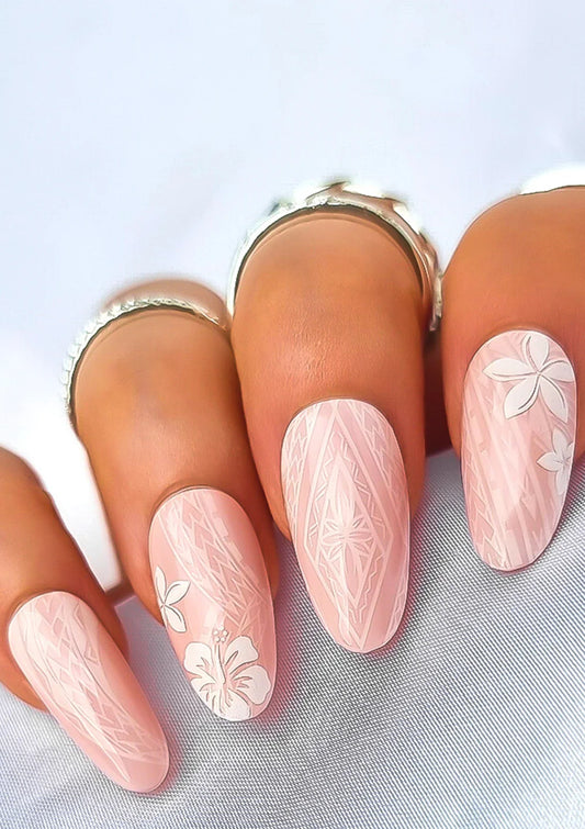 POLYNESIAN NAIL TRANSFER TATTOOS - TROPICAL FLOWERS - WHITE